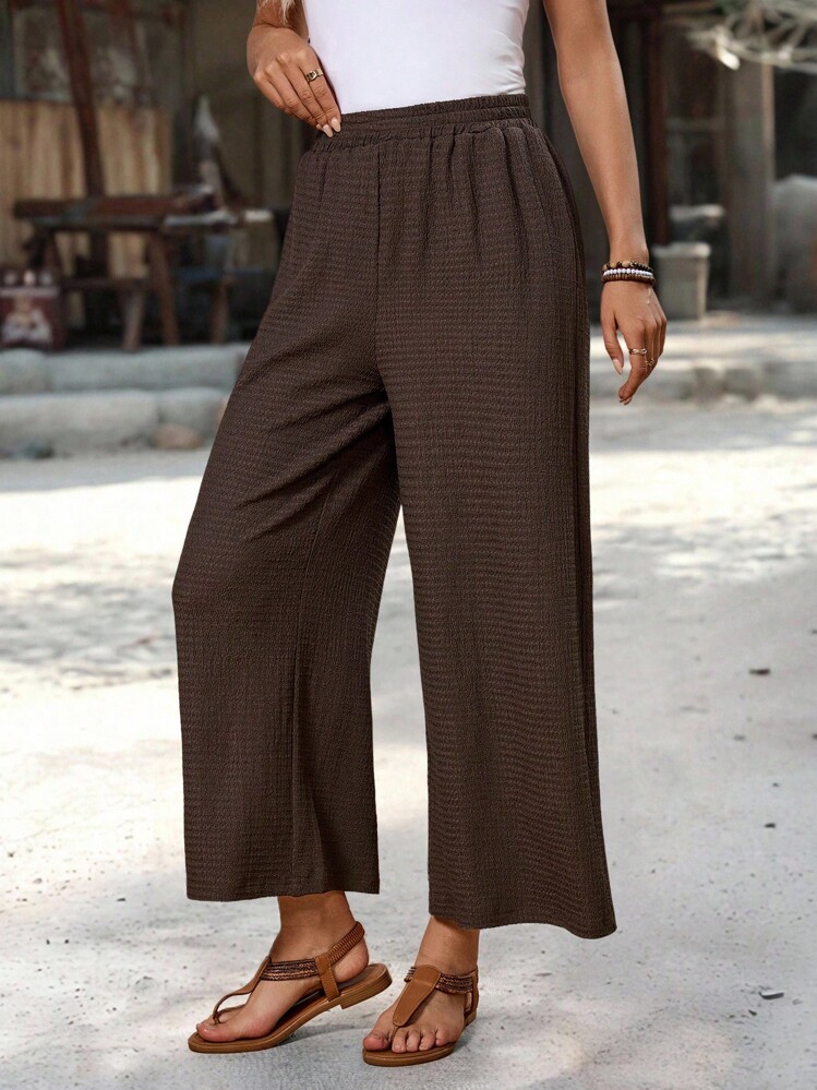 EMERY ROSE Women's Solid Color Casual Loose Fit Pants Brown Wide Leg Pants Women Wide Leg Pants Wide Leg Summer Pants Palazzo Pants Brown Pants Pants For Women Baggy Pants Back To School Clothes - Coffee Brown - View 3