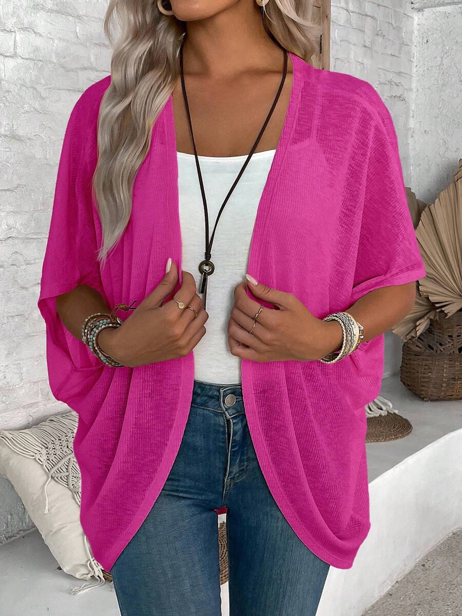 EMERY ROSE Women's Casual Solid Color Minimalist Open Front Short Sleeve Regular Jacket Hot Pink Cover Up