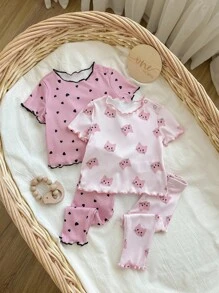 Dozemod Kids 4pcs Newborn Baby Girl Cute Cartoon Cat & Heart Pattern Ruffle Hem Top & Pants Casual Comfortable Home Pajamas Set Print - Baby Pink - View 3