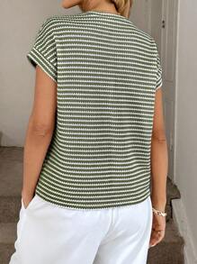 Easowa 女式宽松圆领短袖华夫格纹理条纹 T 恤，休闲优雅度假装 - 彩色 - 查看 2