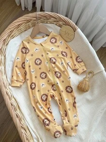 Newborn Baby Boy Cute Cartoon Lion Graphic Round Neck Long Sleeve Zipper Front Soft & Breathable Romper - Yellow - View 7