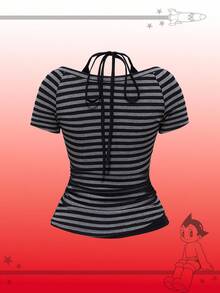 Astro Boy X ROMWE Women Retro Striped Print 2 In 1 Tight T-Shirt - Multicolor - View 2