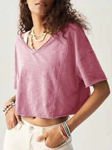 Bohemela 女士休闲纯色V领短袖宽松T恤 - 粉色 - 查看 7