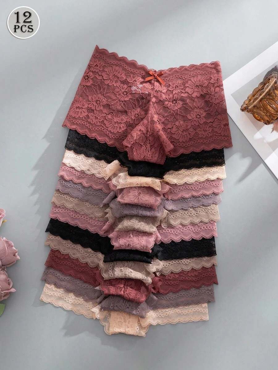 Snug Zone 12 件套无缝蕾丝透明内裤，带蝴蝶和花卉图案，性感女士内裤 - 彩色 - 查看 1