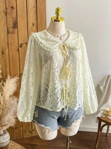 Comfortcana Áo cánh tay dài cổ ren mỏng cỡ lớn, màu vàng nhạt, nhẹ nhàng cho mùa thu - Màu vàng - Xem 4