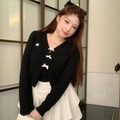 리본 브이넥 긴팔 크롭 캐주얼 플러스플러스 사이즈 여성용 가디건