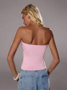 TRNVIE 1 件亮片拼接露背松紧腰短款上衣，浪漫派对装，适合新年、秋冬 - 粉色 - 查看 2