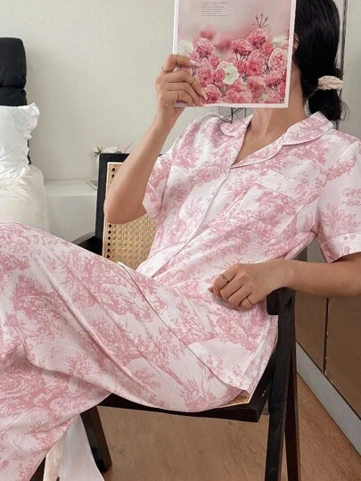 女士印花翻领短袖睡衣套装