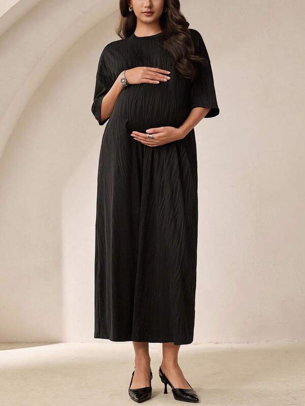 MaterniWear 纯色圆领蝙蝠袖宽松长款休闲连衣裙，春夏季孕妇装，非常适合海滩/休闲/度假/家居服