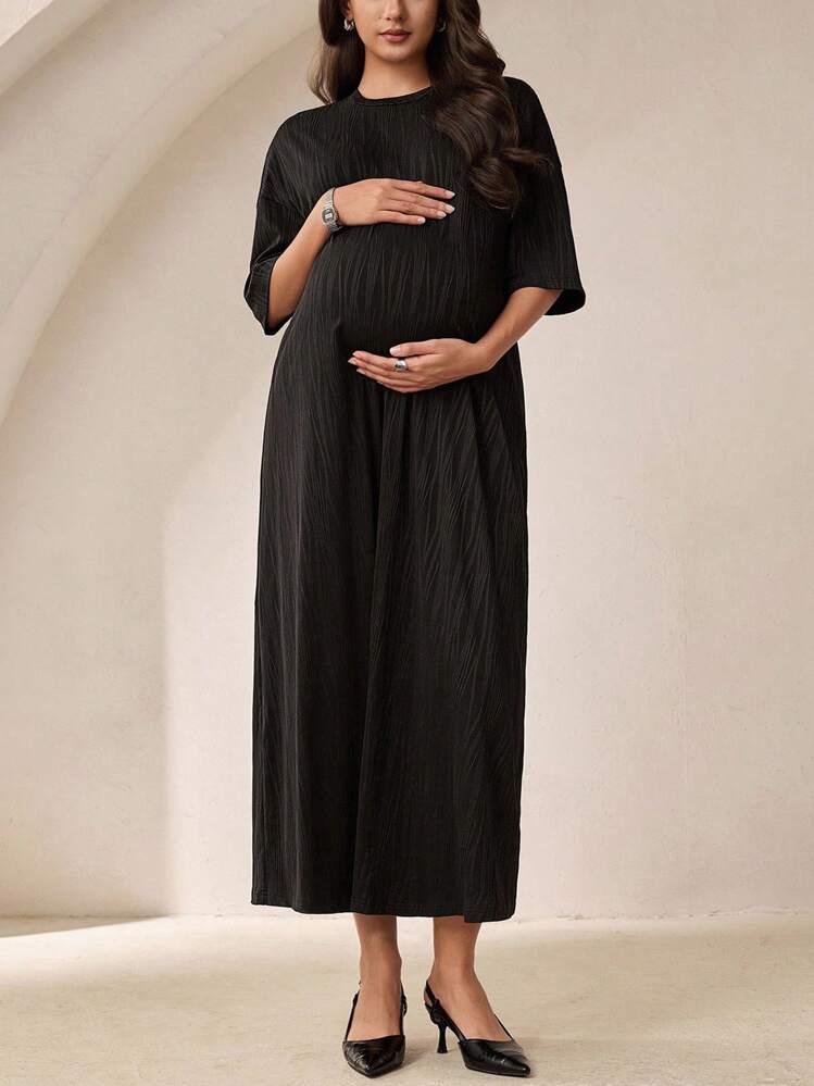 MaterniWear 纯色圆领蝙蝠袖宽松长款休闲连衣裙，春夏季孕妇装，非常适合海滩/休闲/度假/家居服 - 黑色 - 查看 1