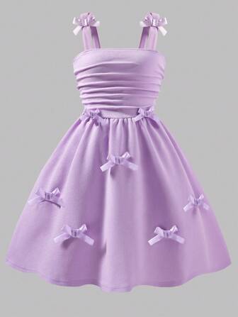 Elladie kids Elegant Solid Color Ruched Strap Dress With Bow Decor For Tween Girls, Suitable For Outings, Parties And Events, Spring/Summer