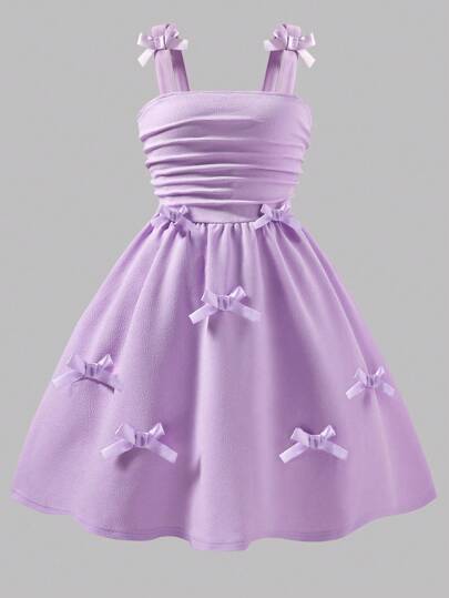 Elladie kids Elegant Solid Color Ruched Strap Dress With Bow Decor For Tween Girls, Suitable For Outings, Parties And Events, Spring/Summer