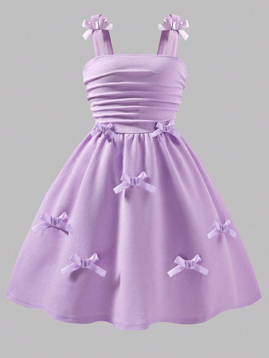 Elladie kids Elegant Solid Color Ruched Strap Dress With Bow Decor For Tween Girls, Suitable For Outings, Parties And Events, Spring/Summer - Purple - View 1