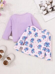 SHEIN 2 件女婴休闲纯色长袖上衣和卡通印花长袖上衣