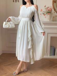 DAZY Vestido de mujer de unicolor con cuello redondo, volantes y hombros abiertos de largo medio, para primavera/verano y otoño, vestido de manga larga y vestido de verano - Beis - Ver 4