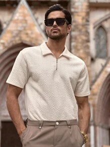 Manfinity VCAY 男士休闲针织宽松半襟弹力短袖 Polo 衫 - 杏色 - 查看 4