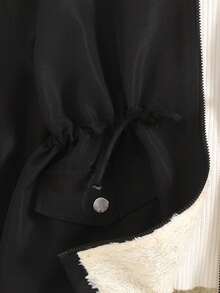 SHEIN 青少年女孩人造毛领蓬松风衣夹克，休闲百搭时尚外套 - 黑色 - 查看 4