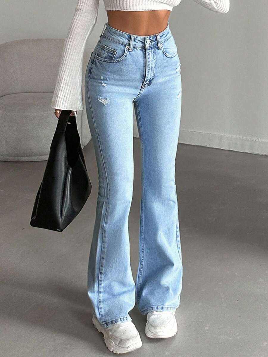 EURMUSE 98%Cotton High-Waist Original Boot Cut Jeans - Medium Wash - View 1