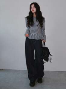 DAZY Women's Striped Round Neck Long Sleeve Peplum Hem T-Shirt,Fall Women Clothes - Black - View 4