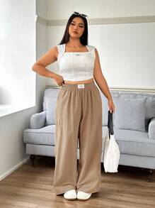 SHEIN EZwear 新款休闲卡其色百搭简约裤，加大码 - 卡其色 - 查看 4