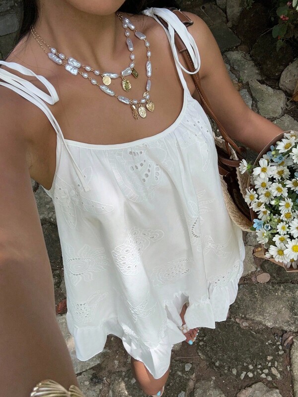 Lyxana 女式夏季度假纯色镂空刺绣荷叶边下摆细肩带连衣裙