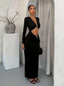 SHEIN SXY Elegant Sexy Black Hollow Metal Decor Dress,Party Dress, Elegant Dresses For Party,Wedding Guest Dress,Formal Dress , Chic Autumn, Chic ,Club Outfits Women Sexy,Winter Dress Women,Black,Party Dresses For Women