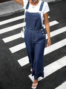 EMERY ROSE 女式休闲牛仔连体裤，带口袋和荷叶边下摆 - 藍色 - 查看 6