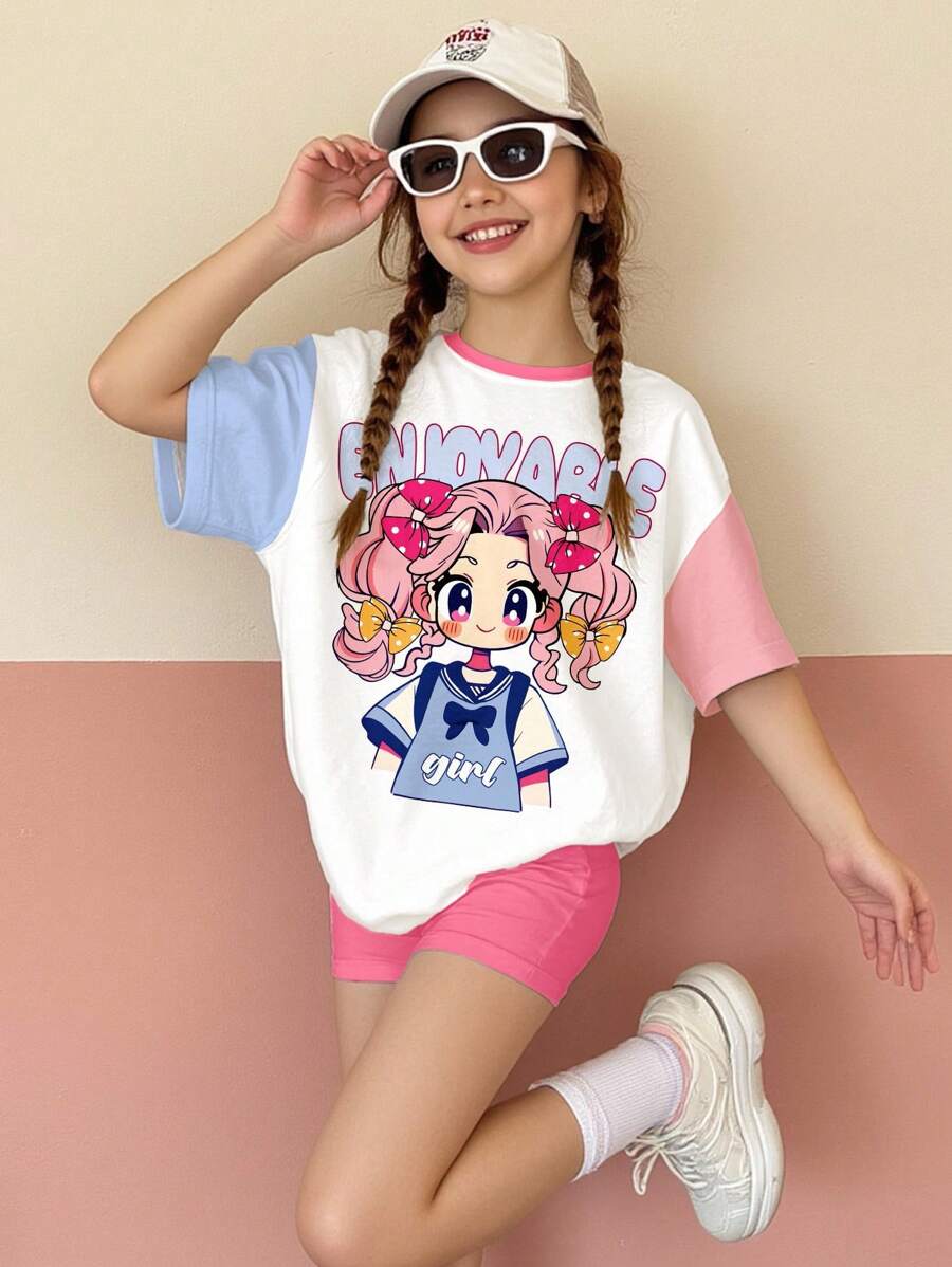 SHEIN 2 件套可爱卡通女孩图案休闲宽松短袖圆领 T 恤和短裤套装适合青少年，夏季 - 彩色 - 查看 1