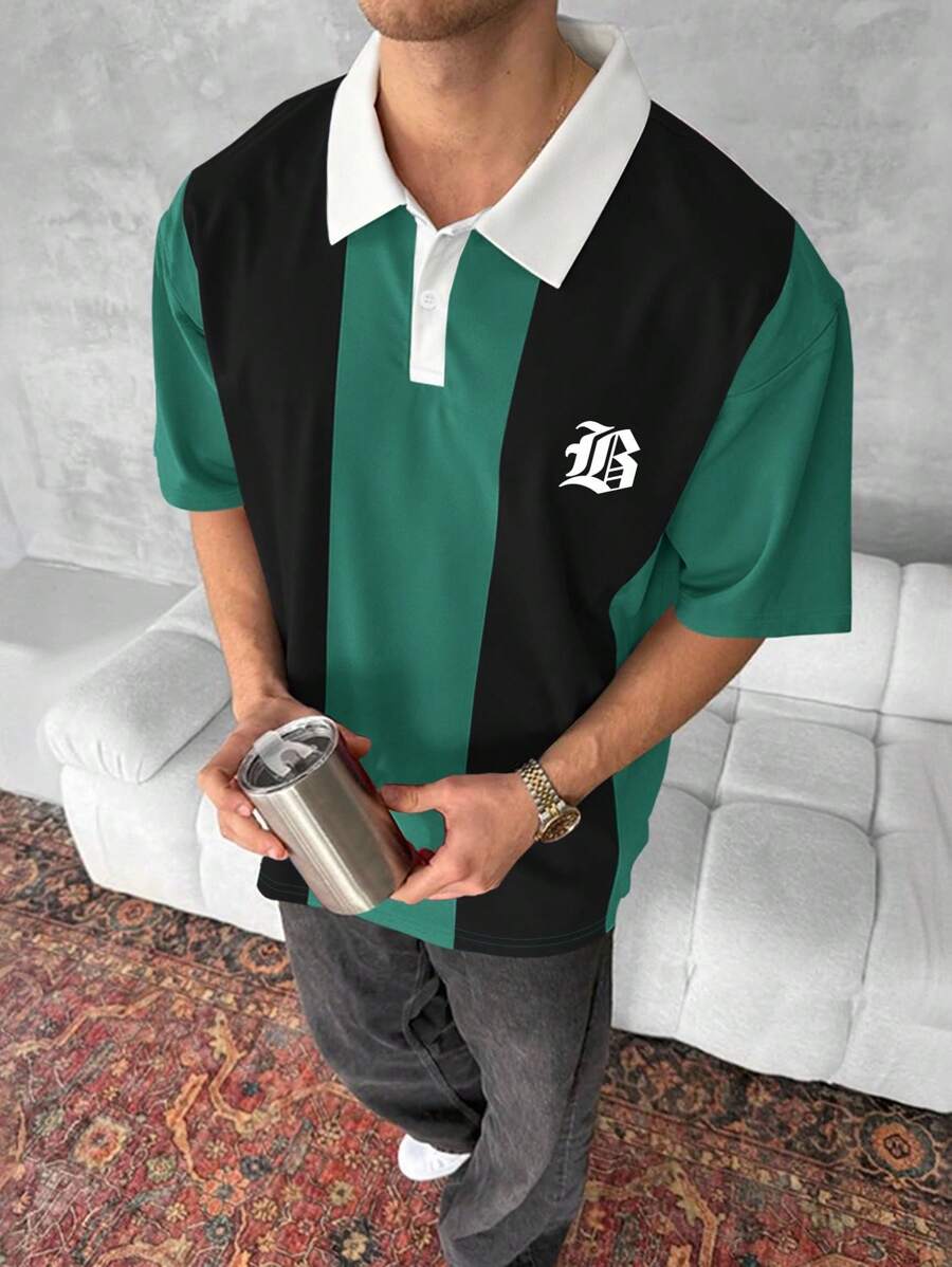 Manfinity Campus Court 男士休闲撞色纽扣半襟翻领 Polo 衫 - 彩色 - 查看 1