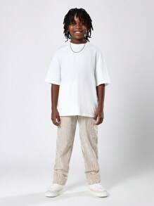 SUMWON Pantalon cargo rayé pour jeunes, taille élastique, coupe décontractée, poches, beige, confortable et durable, pantalon long pour l'été et le printemps
