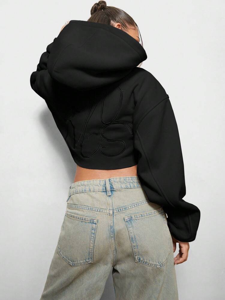 SUMWON WOMEN Oversized Crop Hoodie mit Langarm, besticktem Logo, lässiger Pullover für Herbst/Winter, Streetwear Mode Statement Crop Top