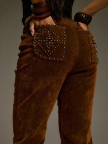 MUSERA 铆钉丝绒喇叭牛仔裤，西部乡村街头风，节日优雅，Y2K性感可爱，90年代波西米亚风，中西部工作办公室冬季时尚春夏装扮 - 棕色 - 查看 5