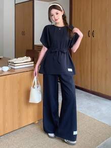 SHEIN Long Striped Teen Girls Co-Ords In Royal Blue With Comfortable Fit And Classic Round Neck Two Piece Set Pants And Top Set Preppy Two Piece Set Linen Two Piece Set Wide Leg Pants And Top Set Wide Leg Pants Set