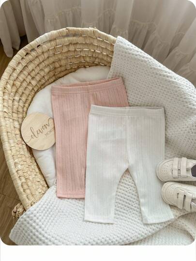 2pcs Baby Casual Comfortable Solid Color Versatile Vertical Striped Knit Pants