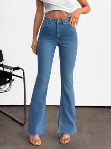 EURMUSE Jeans a vita alta, comodi, a gamba dritta lunga - Blu lavato medio - Visualizzare 5