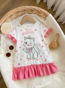 Pijama con patrón de gatos y bloque de color para bebé niña con cuello redondo y puños de encaje, resistente al fuego - Rosa - Ver 4