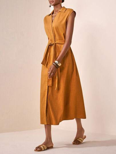 Zivah 20  Summer New Casual Commuter Caramel Color Loose Waist Strap V-Neck Shirt Women Mid-Length Dress, Can Be Worn In Both Front And Back, Suitable For Daily Travel, Shopping, Commuting, Vacation, Vacation, Elegance, Festivals, Dating, Graduation, Brunch Outfit, Airport Outfit-A