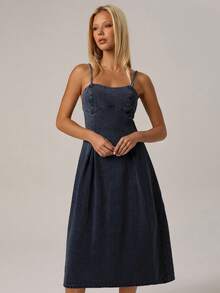 SHEIN Forever 21 夏季新款女士露肩修身A字浅色水洗牛仔长裙 - 藏蓝色 - 查看 4