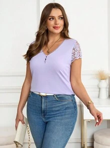 SHEIN Clasi Plus Size Casual Solid Color Lace Patchwork Short Sleeve T-Shirt - Mauve Purple - View 3