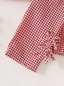 SHEIN 2件套女婴2025春季时尚休闲长袖红白格子上衣+红白格子裤套装