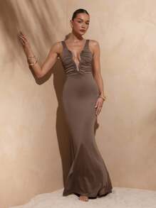 Hauture Sexy Summer Basic Resort Vacation Organic Hallow Out Mermaid Maxi Dress - Brown - View 5