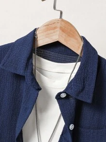 SHEIN 青少年男孩實色口袋修補釦子衬衫配短裤,不含內搭t恤 - 藏蓝色 - 查看 7