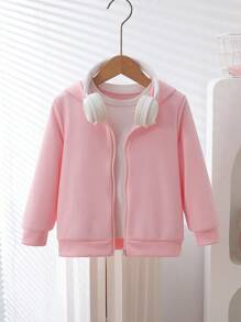 女童休闲粉色郁金香刺绣拉链连帽夹克，秋季 - 粉色 - 查看 4