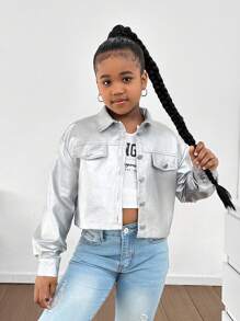 SHEIN 青少年女孩时尚休闲翻领口袋金属纽扣前 PU 短夹克 - 銀色 - 查看 5