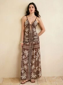 JIAN LASALA 复古印花网纱波西米亚风度假连衣裙，配有可调节肩带，女士长款连衣裙，棕色长款连衣裙，棕色印花长款连衣裙，棕色夏季连衣裙，棕色度假连衣裙，棕色图案长款连衣裙，约会之夜服装，女士婚礼宾客晚礼服，婚礼宾客奢华装扮 - 棕色 - 查看 4