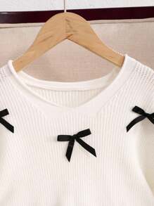 SHEIN Tween Girl Casual Fashion Cute Sweet V-Neck Loose Knit Cropped Sweatshirt With Bow Decor,In Fall/Winter