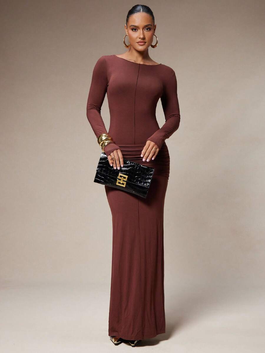 Silquee 女式纯色褶饰优雅长袖连衣裙