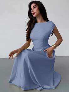 Firerie 女士优雅日常时尚新款度假短袖收腰A字中长连衣裙，黄色 - 藍色 - 查看 6