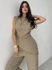 Firerie 女式两件套卡其色简约优雅休闲通勤办公室服装：无袖不对称褶皱腰衬衫 + 常规褶皱阔腿裤、亚麻通勤套装、沙滩装、机场装、度假装、教师装