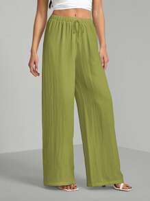 SHEIN Tall Loose Cotton Drawstring Waist Trousers In Textured Crinkle Fabric - Army Green - View 3